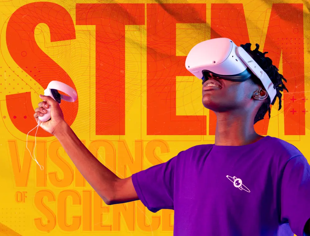 A person in a VR headset holds a controller, with STEM Visions of Science text in the background.
