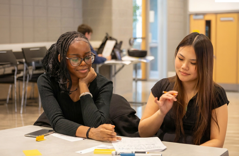 Two women sit at a table working together with papers and pens in a bright, modern indoor setting.