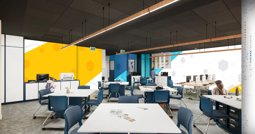 Modern science classroom with blue chairs, white tables, and colorful geometric wall designs.