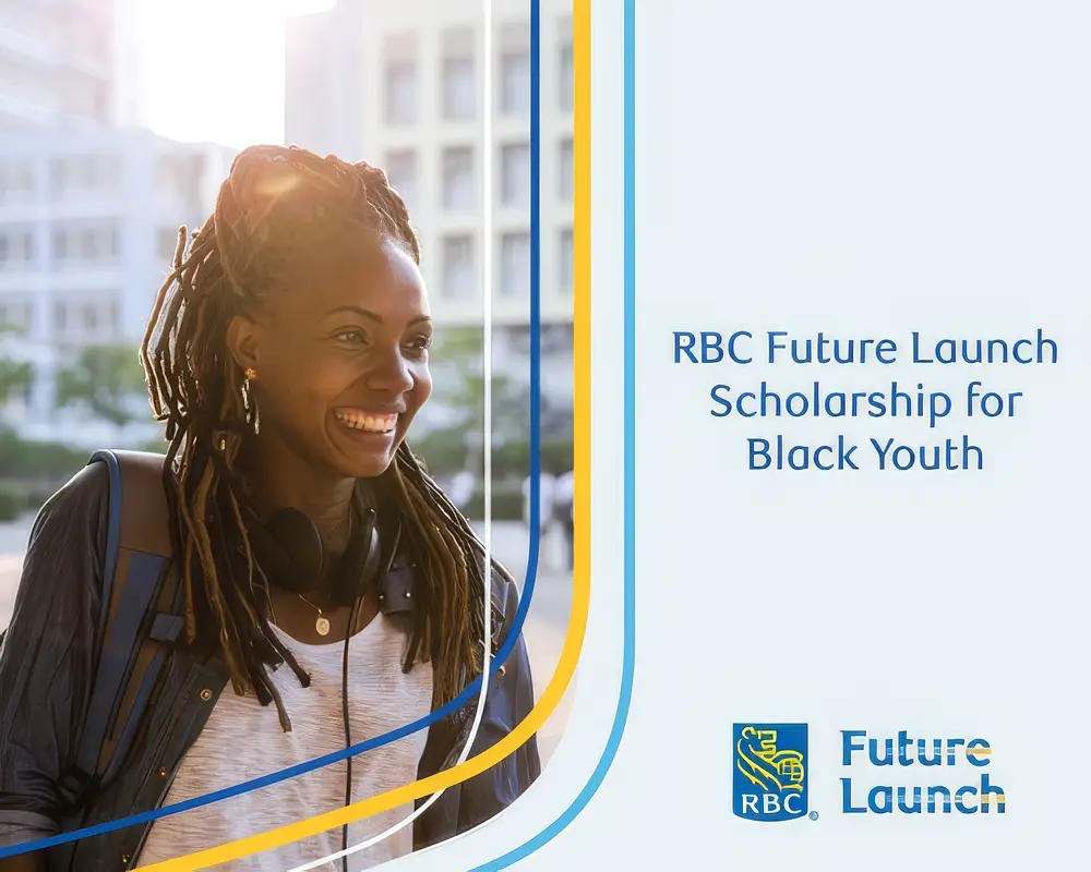 Smiling young Black woman outdoors with text: RBC Future Launch Scholarship for Black Youth.