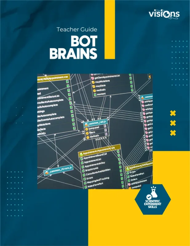 Cover of Bot Brains teacher guide featuring a database diagram on a blue and yellow background.