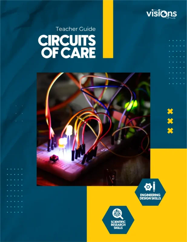 A lit breadboard circuit with colorful wires and LEDs, featured on a teacher guide titled Circuits of Care.