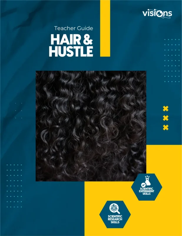 Close-up of curly black hair on a blue and yellow Hair & Hustle teacher guide cover.