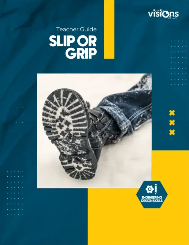Close-up of a snowy boot sole on a blue and yellow Slip or Grip teacher guide cover.