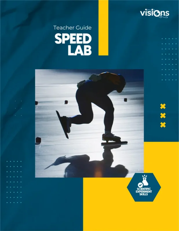 A speed skater races on ice under the title Speed Lab Teacher Guide with science skill icons and logos.