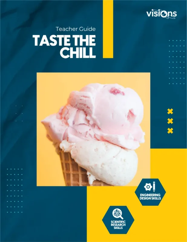 Two scoops of pink ice cream in a waffle cone on a yellow background, with text and icons around it.