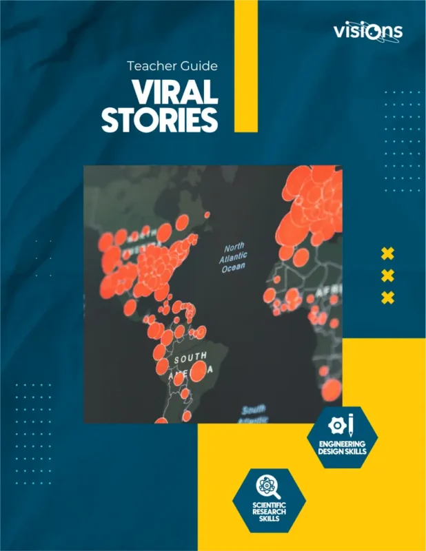 Cover of Viral Stories teacher guide with a world map showing red outbreak clusters and blue design skill icons.