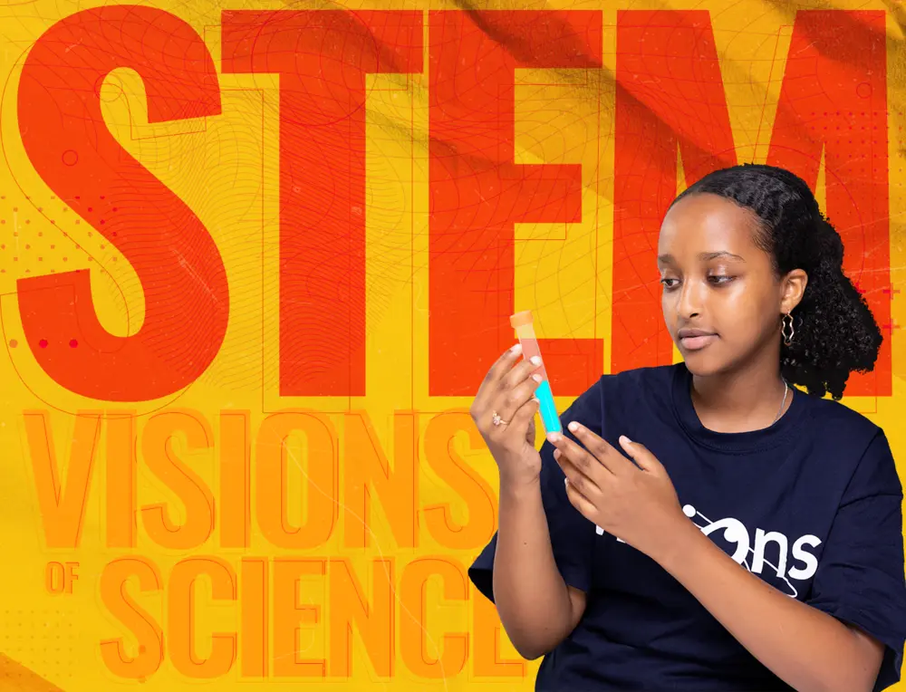 A woman examines a test tube in front of a large, bold STEM Visions of Science graphic.