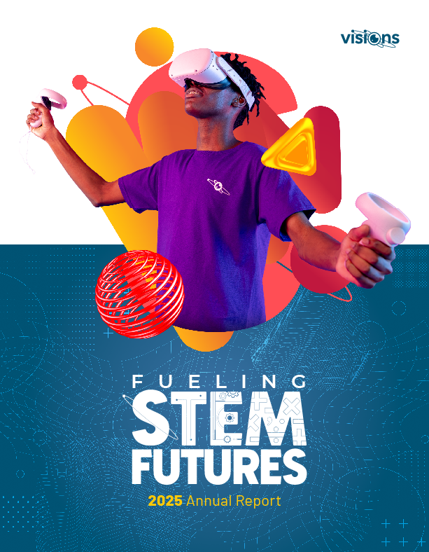 Young person in VR headset holds controllers, surrounded by colorful STEM-themed graphics, 2025 Annual Report text.