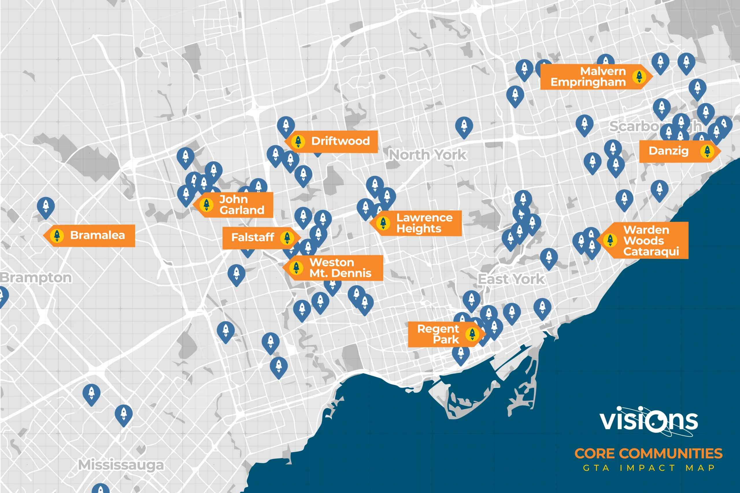 Map of Toronto with highlighted core communities and many blue location markers, labeled with neighborhood names.